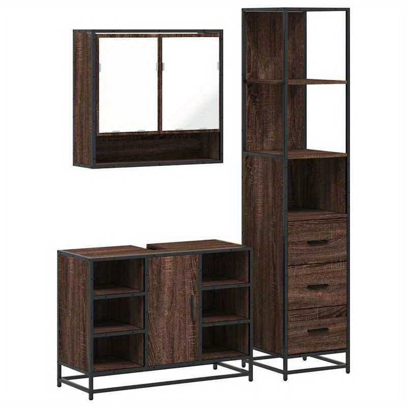 badkamermeubelset – badmeubelset – wastafelmeubel – badkamerkast – spiegelkast – bruin eikenlook – 3-delige set – hardhout & glas