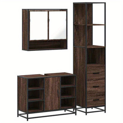 badkamermeubelset – badmeubelset – wastafelmeubel – badkamerkast – spiegelkast – bruin eikenlook – 3-delige set – hardhout & glas