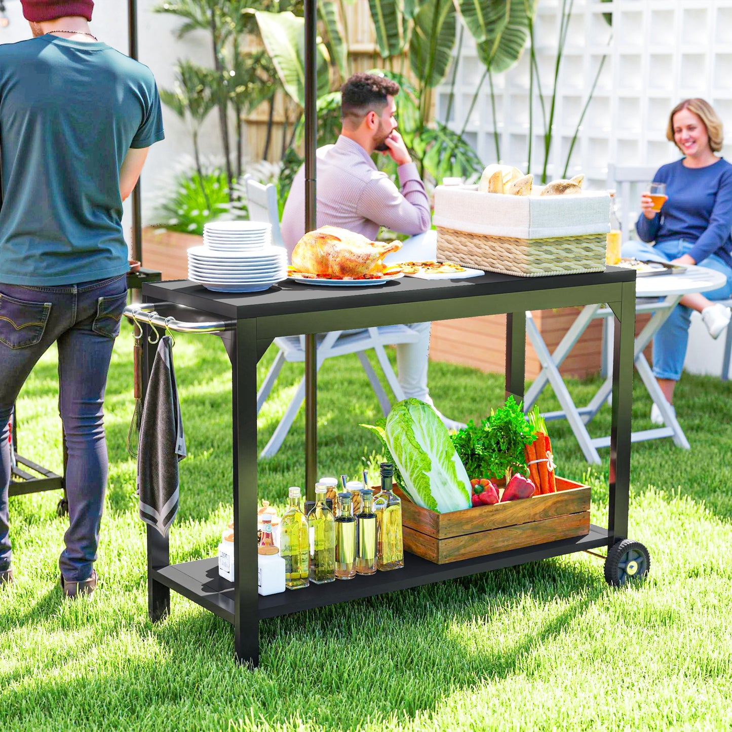 Tuinwagen – Tuinkar – Tuintrolley – Servierwagen – Bolderkar – Epoxy Gecoat Staal – Groot Werkblad 135x46x86 cm