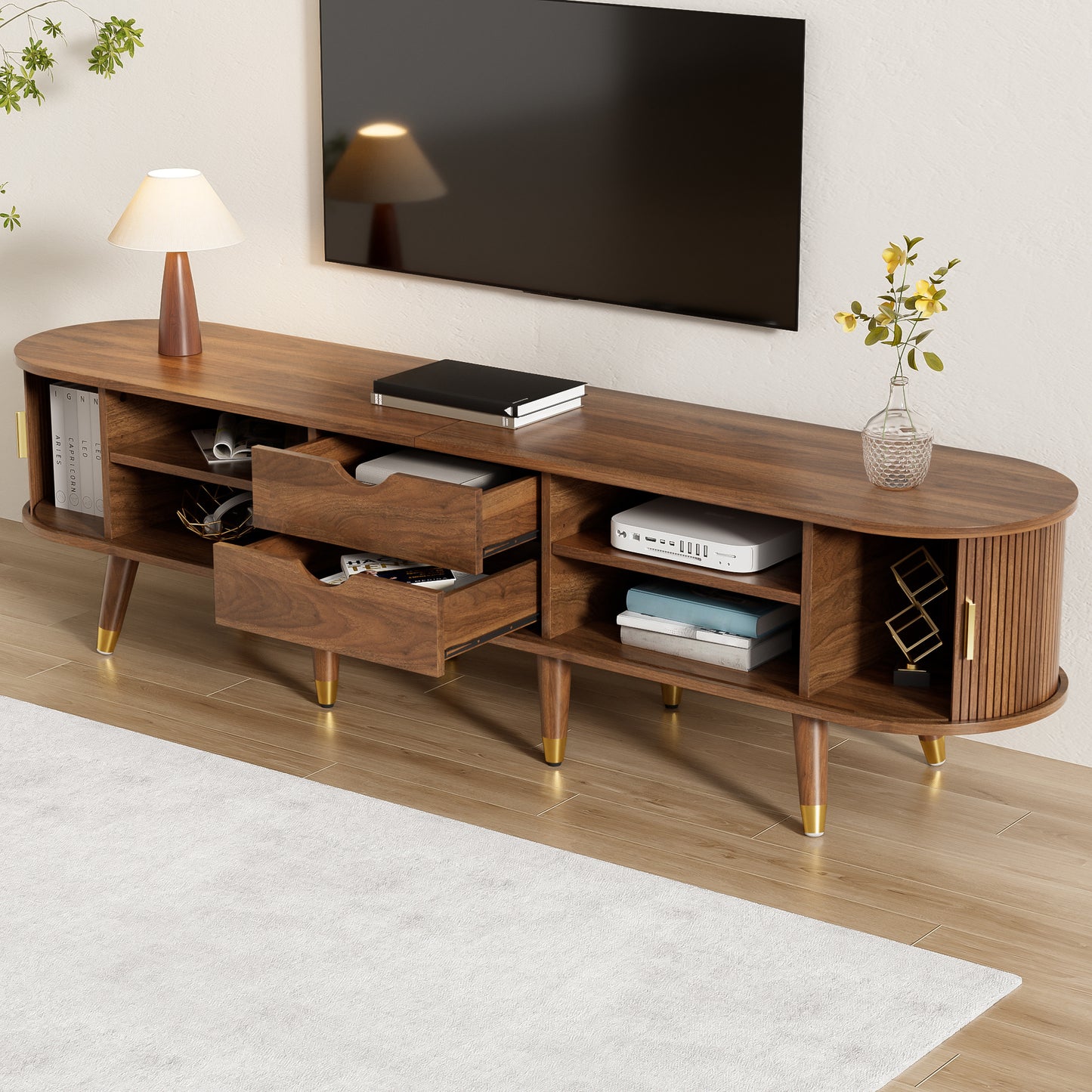 TV Lowboard – TV Meubel – TV Kast – TV Bank – Dressoir – Rieten Schuifdeur – Walnoot Afwerking – 175 cm Breed – MDF Material