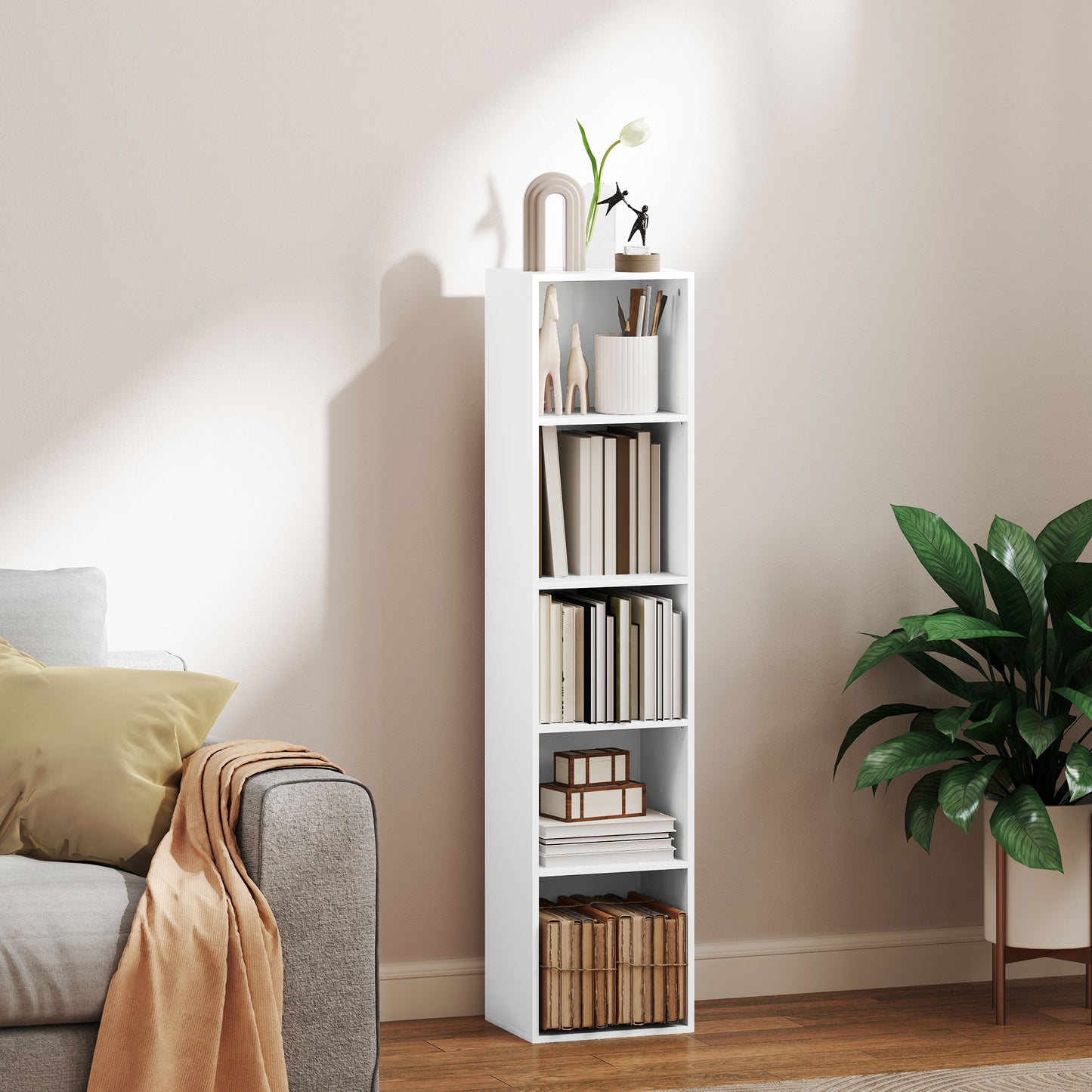 Boekenkast – Boekplank – Opbergkast – Wandrek – Stellingkast – Wit Houten Design – 5 Verstelbare Planken – Compact Hoogte 133,5 cm