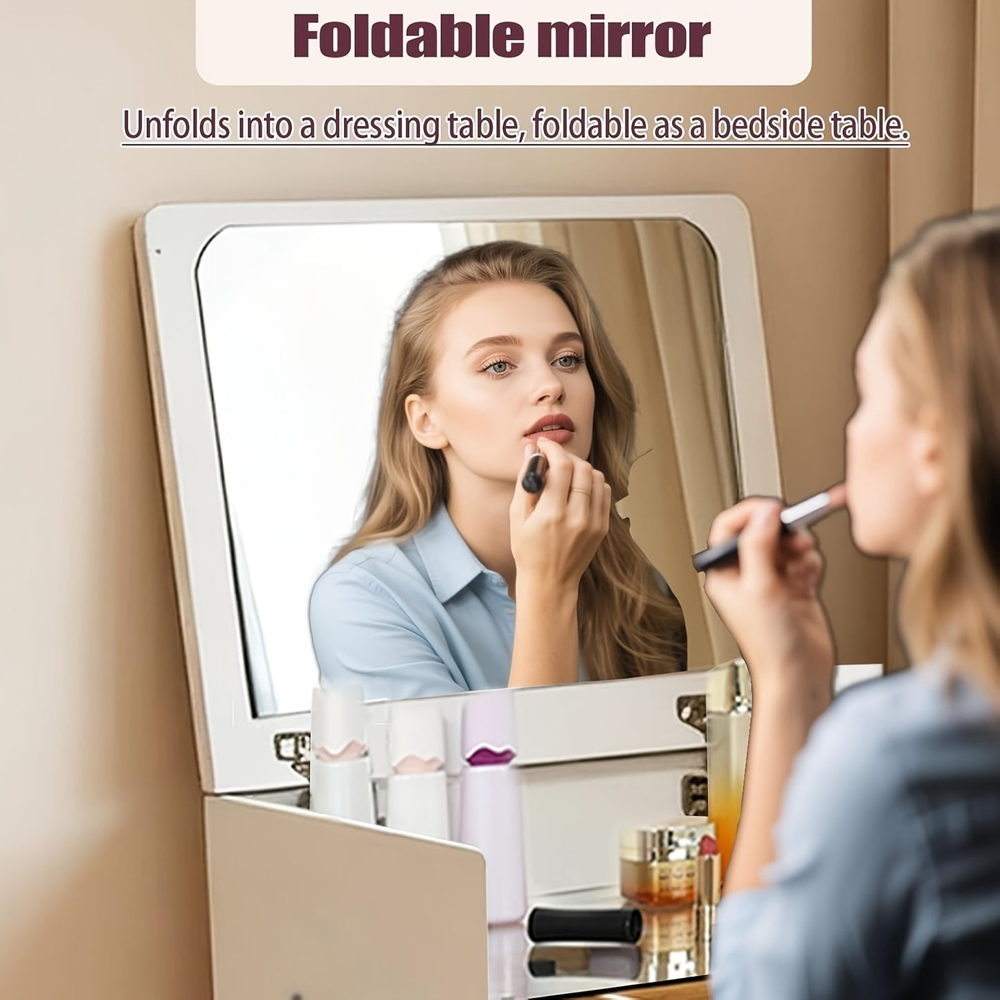 Three-in-one Corner Vanity Unit with 90° Folding Mirror, Glass Worktop, Storage-integrated Padded Stool, Side Hooks for Hanging Cosmetics, Premium Materials And Straightforward Assembly, White Finish, Space-saving Design., B