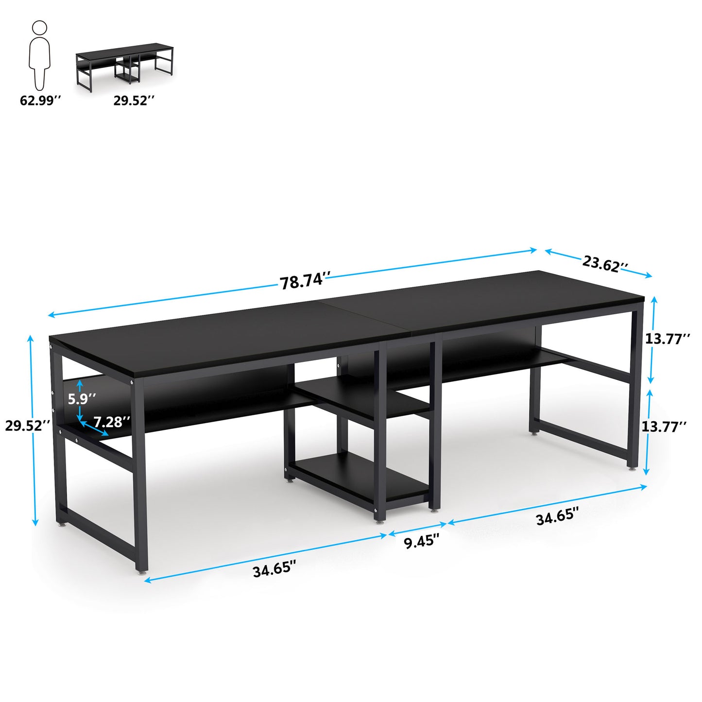 Bureau – Bureautafel – Werkplekmeubel – Computertafel – Kantoormeubel – Dubbel bureau voor twee personen – Met opbergrekken en verstelbare voeten – Industrieel zwart metalen frame met sterk kunsthouten blad – Draagvermogen 249 kg