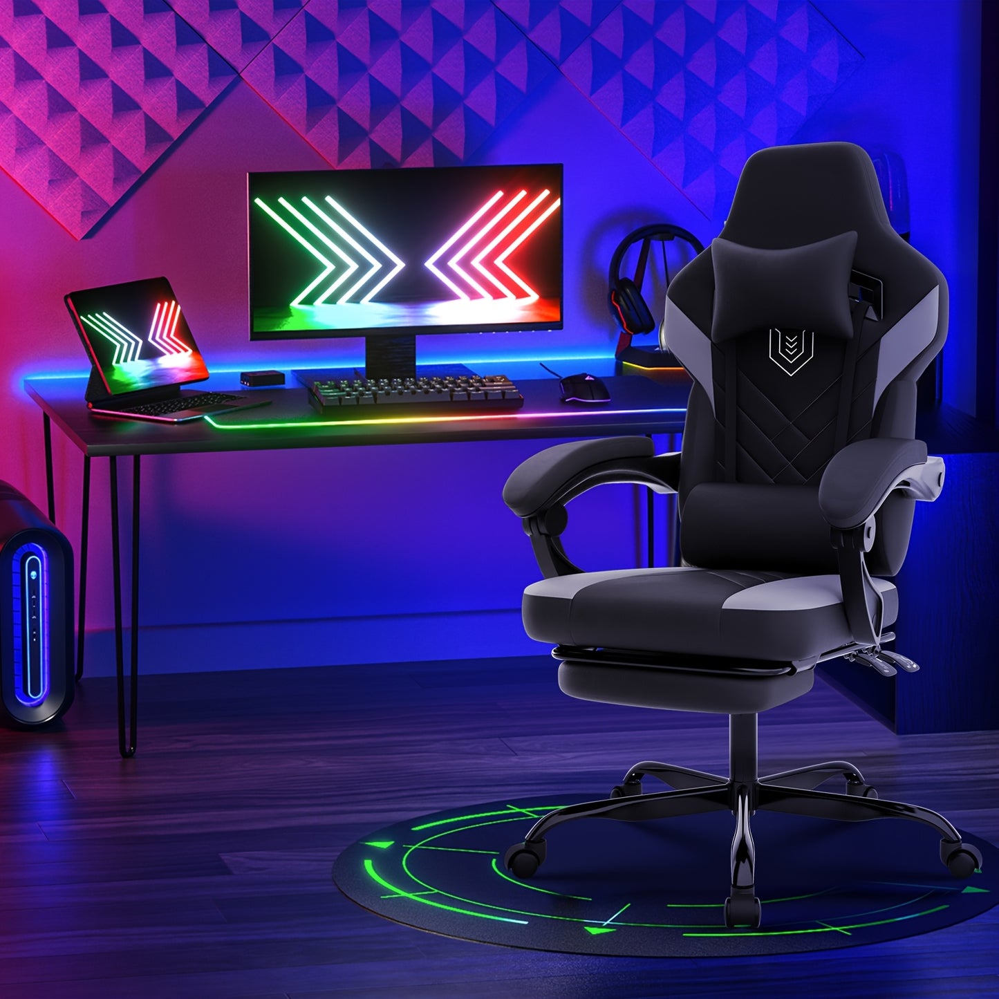 Gamingstoel – Gamestoel – Gaming Chair – Gamestoel Bureaustoel – Ergonomisch Design – Verstelbare Rugleuning 90°-135° – Inklapbare Voetensteun – PU-Leder Grijs