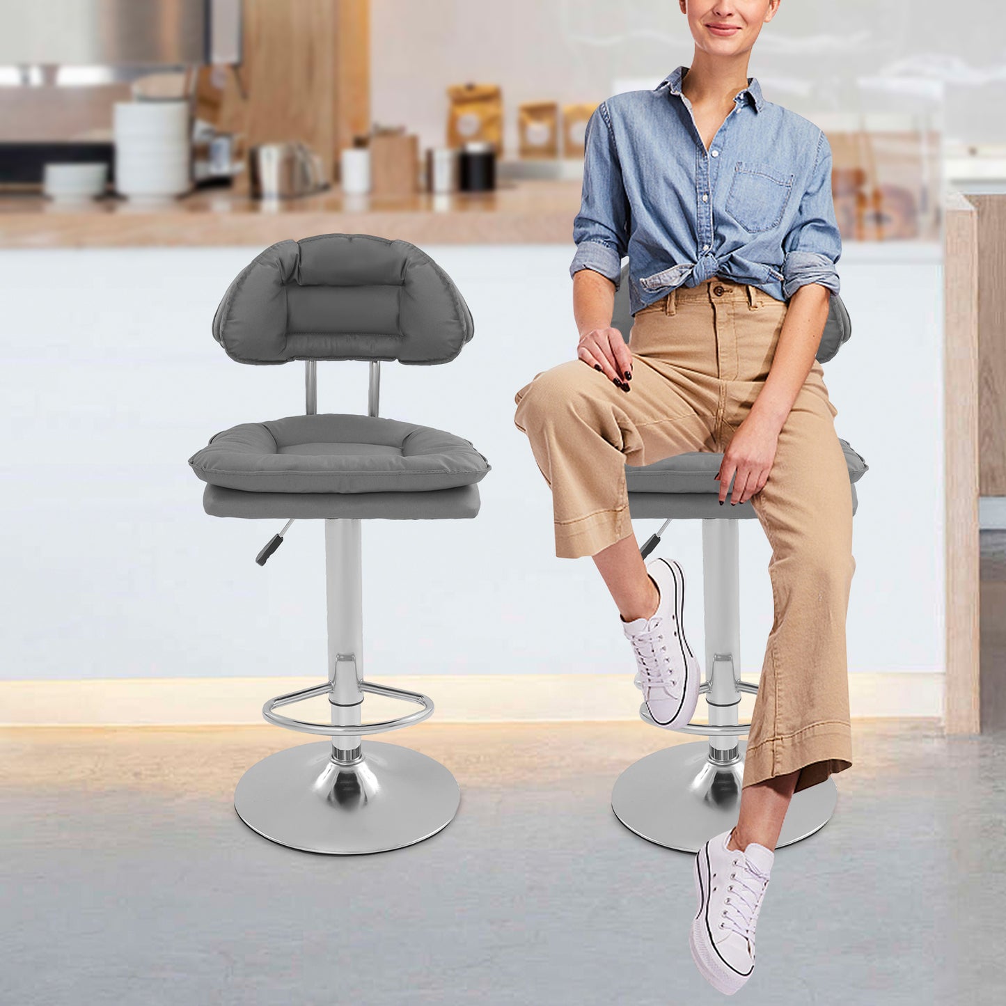 Barstoel – Barkruk – Barstoel Kruk – Keukenstoel – Bistrostoel – Verstelbare Zithoogte 62-82 cm – 360° Draaibaar – Set van 2 – Donkergrijs Met Metalen Onderstel