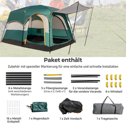 Kampeertent – Familietent – Tunnel Tent – Grote Tent – 2-Kamer Tent – Waterdicht Oxford Polyester – Ruime Voortent Met Zonnescherm – Voor 4-6 Personen – Groen
