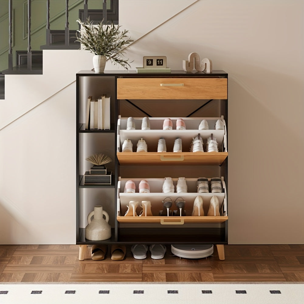 Schoenenkast – Schoenenrek – Schoenopberger – Halmeubel – Opbergkast – Smal Design – Zwart Hardhout – Uittrekbare Lade – Voor Circa 12-15 Paar Schoenen
