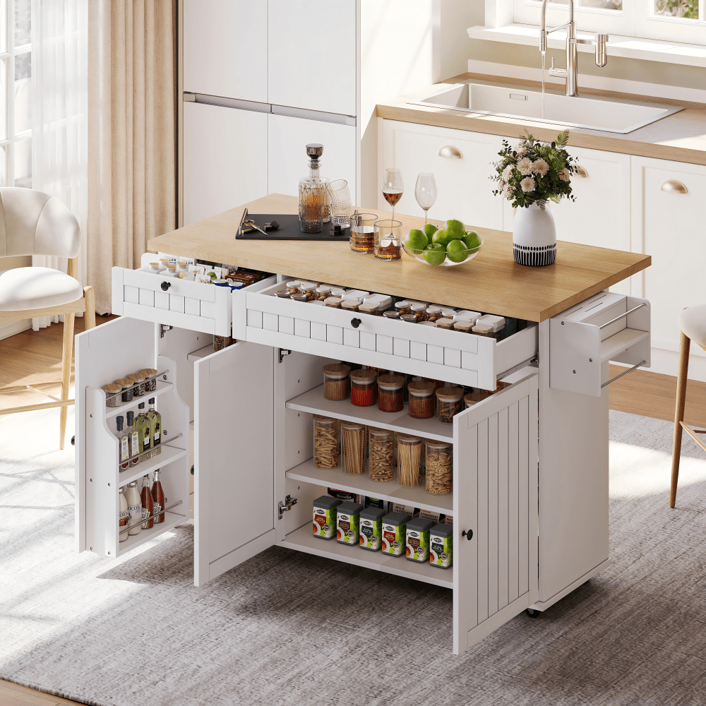 Keukenblok – Keukenkast – Keukenmeubel – Keukeneiland – Kitchenette – Mobiel met Inklapbaar Werkblad – Zes Wielen met Rem – Zwart Modern Design