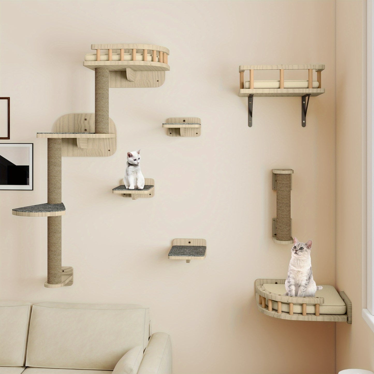 Krabpaal – Kattenboom – Kattenhuis – Klimframe – Kattenmeubel – Houten 6-delige Klimset – Anti-Kantel Ontwerp – Inclusief Hangmat en Kattenbedden