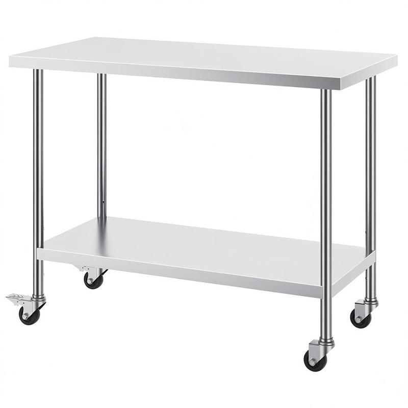 In hoogte verstelbare werkbank – Werktafel – Keukentafel – Werkbank op wielen – RVS werkblad – 3 Hoogteniveaus – Duurzaam roestvrij staal – 1219 x 610 x 955 mm
