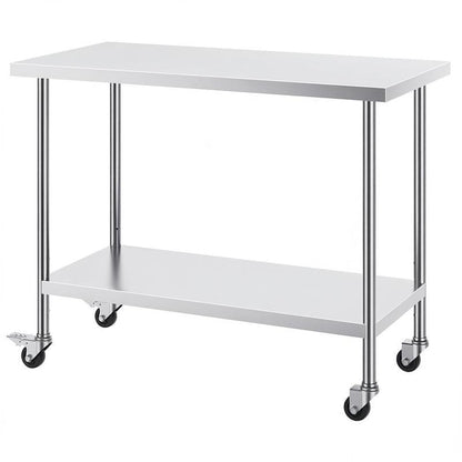In hoogte verstelbare werkbank – Werktafel – Keukentafel – Werkbank op wielen – RVS werkblad – 3 Hoogteniveaus – Duurzaam roestvrij staal – 1219 x 610 x 955 mm