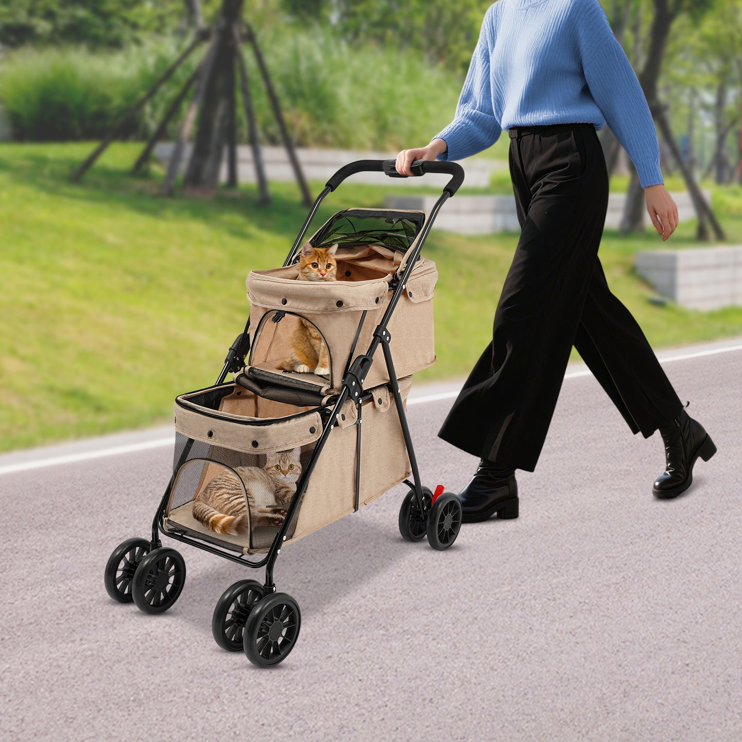 2-Tier Heavy-Duty All-Terrain Pet Cart with 4-Wheel Mobility & Handle - Chew-Resistant Oxford/PVC Mesh Design, Carbon Frame & Wheels - Multi- & Storage Cart for Dogs/Cats - /Outdoor Use Suitable for Dogs and Cats