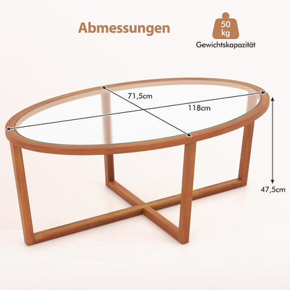 Salontafel – Woonkamertafel – Theetafel – Bijzettafel – Glazen tafel – Ovaal – Gehard glas – Massief acaciahouten poten – 118 x 71,5 x 47,5 cm