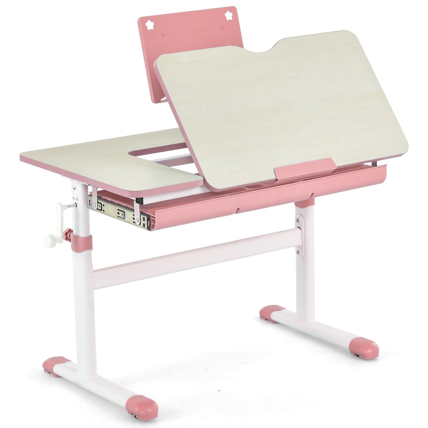 Verstelbaar Kinderbureau – Kindertafel – Studietafel – Schrijftafel – Bureau Met Lade – Hoogte Verstelbaar 51-73cm – Kantelbaar Tafelblad Met Boekenkast – Roze