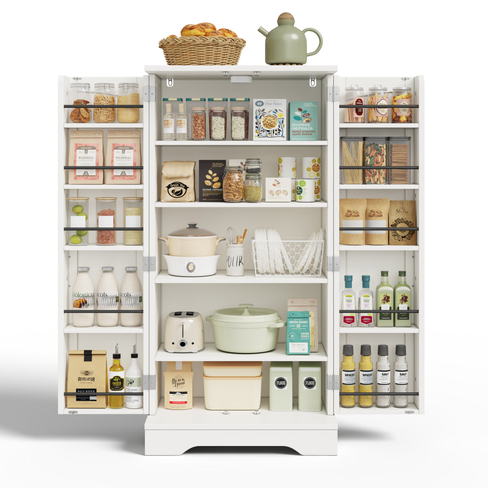 Large-Capacity Double-Door Storage Cabinet | Adjustable Shelves, Door Shelves, Suitable for Kitchens, Dining Rooms, or Living Rooms, White, Metal, Contemporary Style