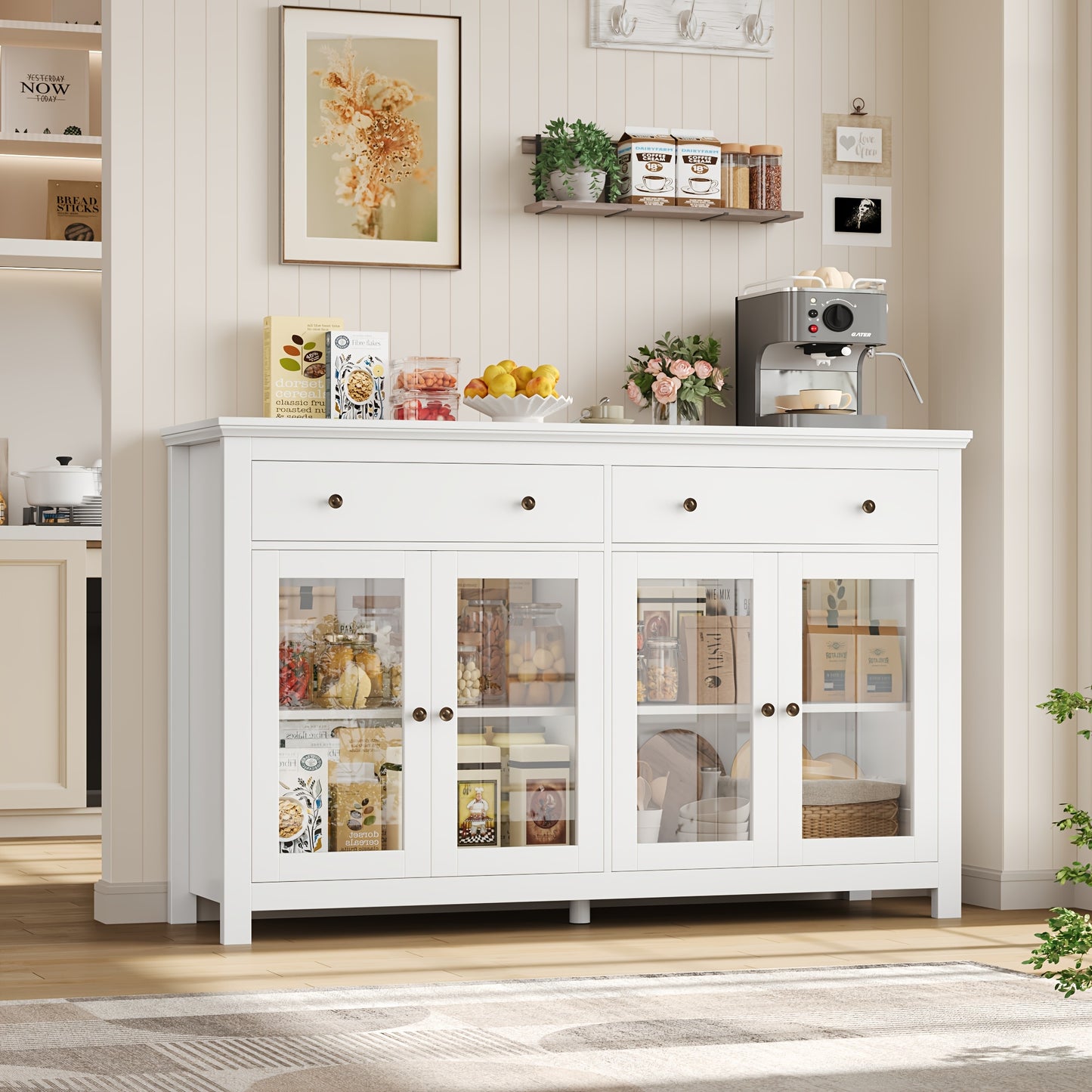 Dressoir – Sideboard – Opbergkast – Buffetkast – Kast – Wit – 140x90,7x40 cm – 2 Lades & 4 Glazen Deuren – Verstelbare Planken – Spaanplaat – Stevig & Ruim