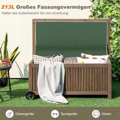 Houten Tuinkist – Opbergbox – Tuinbox – Kussenbox – Tuinberging – Waterdichte PE Voering – Met Wielen en Handvat – 213 Liter – Bruin
