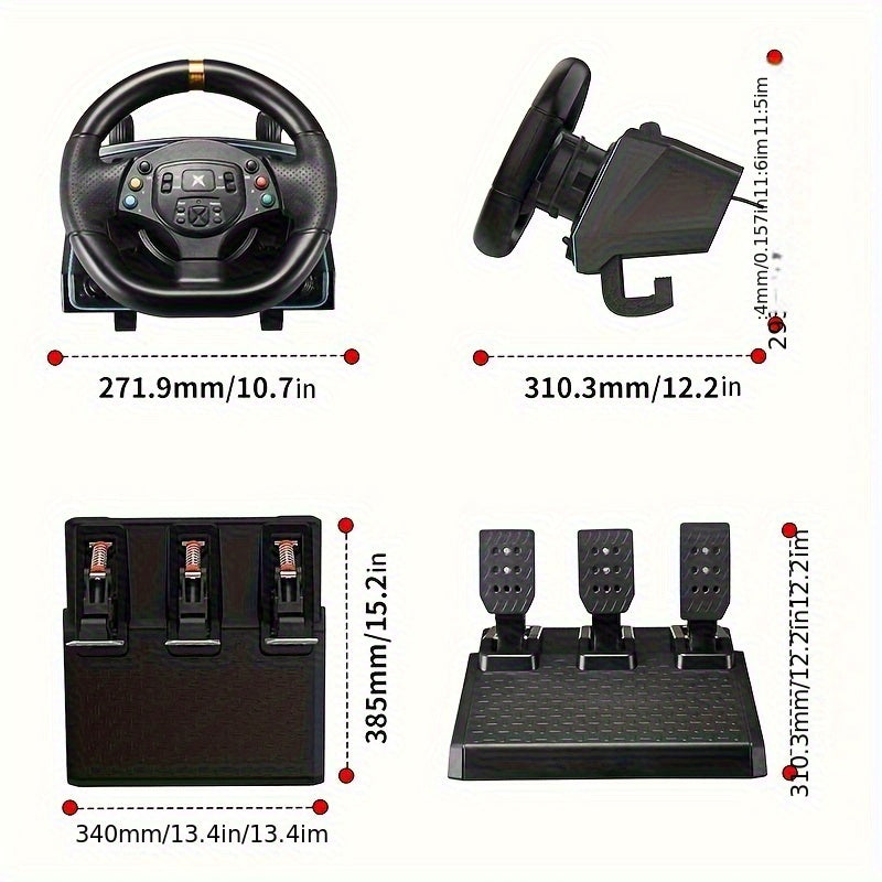 Racestuur – Racewheel – Gaming Stuur – Racestuur Set – Stuur Met Versnellingspook – Metalen Hall-Effect Pedalen – Dual Vibratiefeedback – Zwart