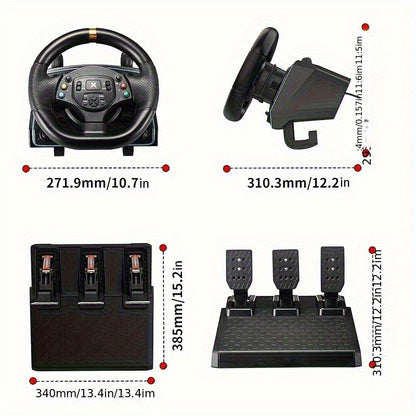 Racestuur – Racewheel – Gaming Stuur – Racestuur Set – Stuur Met Versnellingspook – Metalen Hall-Effect Pedalen – Dual Vibratiefeedback – Zwart
