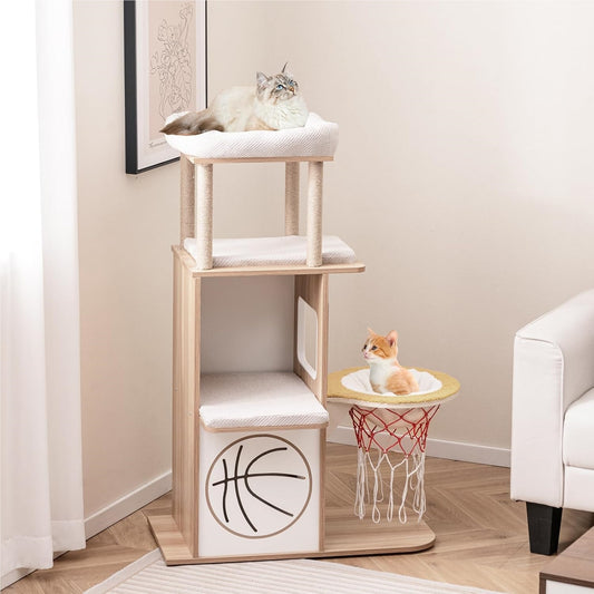 Katentoren – Krabpaal – Kattenhuis – Klimpaal – Speeltoren – 120 cm Hoog – 5 Verdiepingen Met Hangmat En Basketbalring