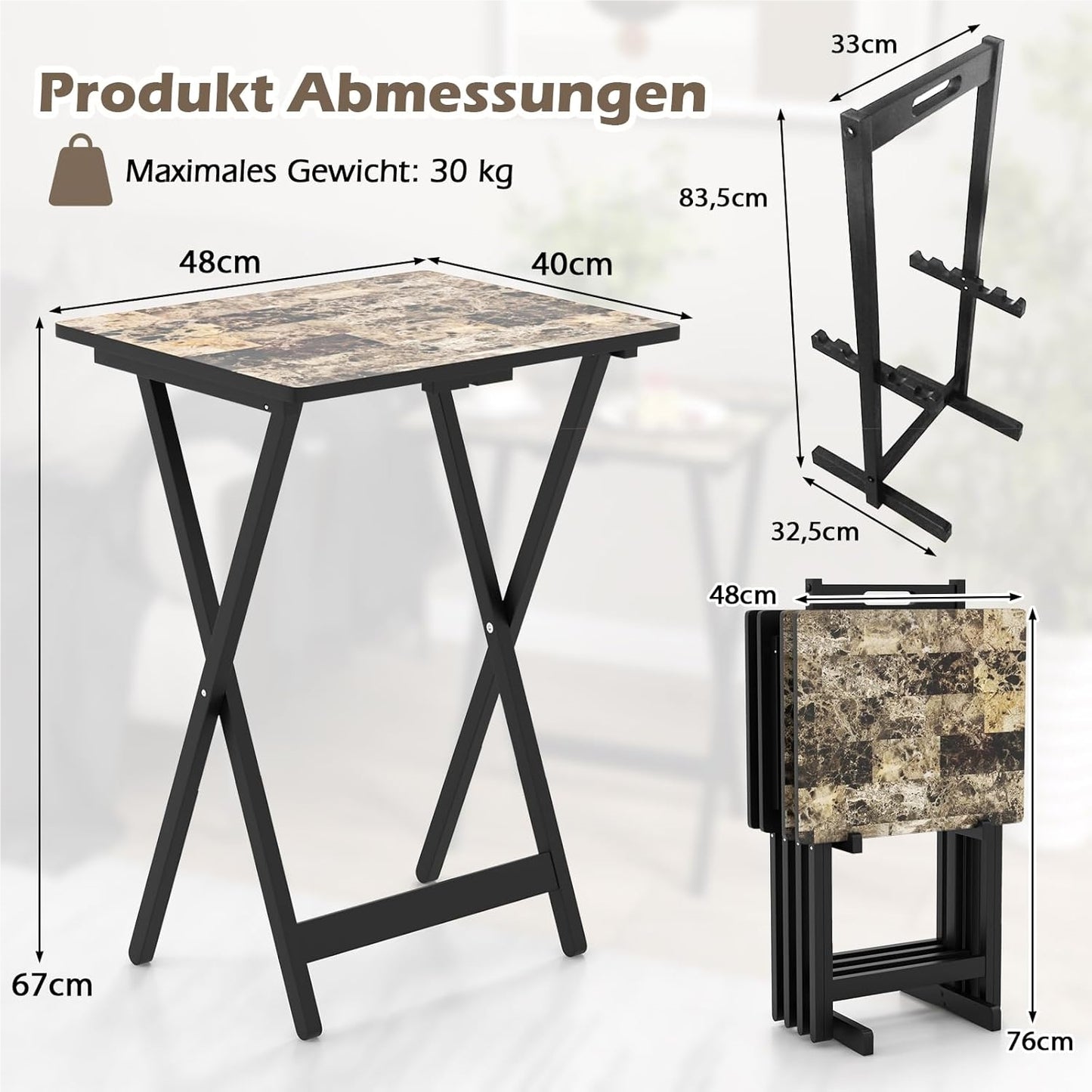Vouwtafels – Opvouwbare Tafels – Opklapbare Bijzettafels – Bistrotafels – Tuin- en Balkon Tafels – Rubberhout Frame – Waterbestendige Marmerlook Werkblad – Set Van 4 – Draagbaar Met Handvat