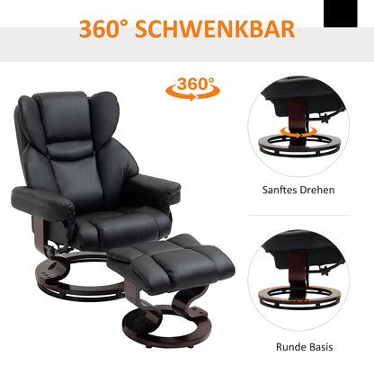 Relaxstoel – Fauteuil – Kuipstoel – Loungechair – Draaistoel – 360° Draaibaar – Handmatig Verstelbare Rugleuning tot 145° – Zwart Kunstleer met Voetsteun – Stevige Metalen Basis