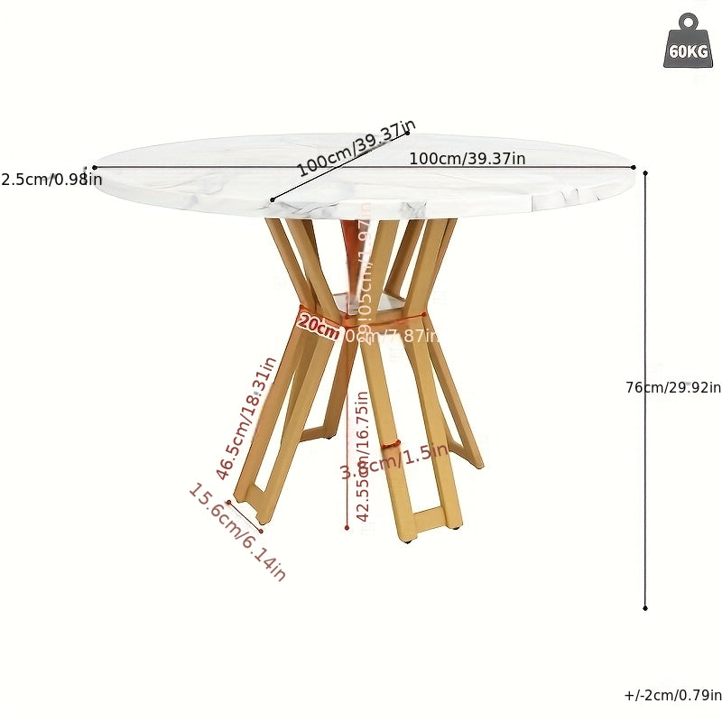 Ronde Eettafel – Rond Tafel – Eettafel Rond – Ronde Tafel – Moderne Eettafel – Wit Marmerlook Blad – Stevige Gouden A-Frame Poten