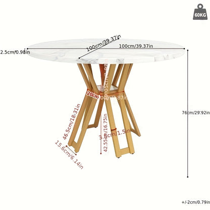 Ronde Eettafel – Rond Tafel – Eettafel Rond – Ronde Tafel – Moderne Eettafel – Wit Marmerlook Blad – Stevige Gouden A-Frame Poten