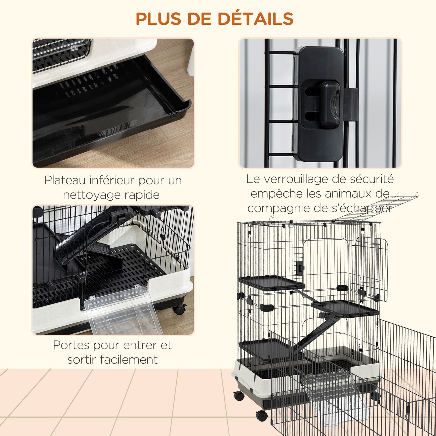 Kooi Kleine Huisdieren – Dierenkooi – Rattenkooi – Knaagdierkooi – Konijnenkooi – Drie Verdiepingen Met Ramps – Uitneembare Metalen Onderplaat – Zwart – 182x81x114 cm – Stevig Metaal