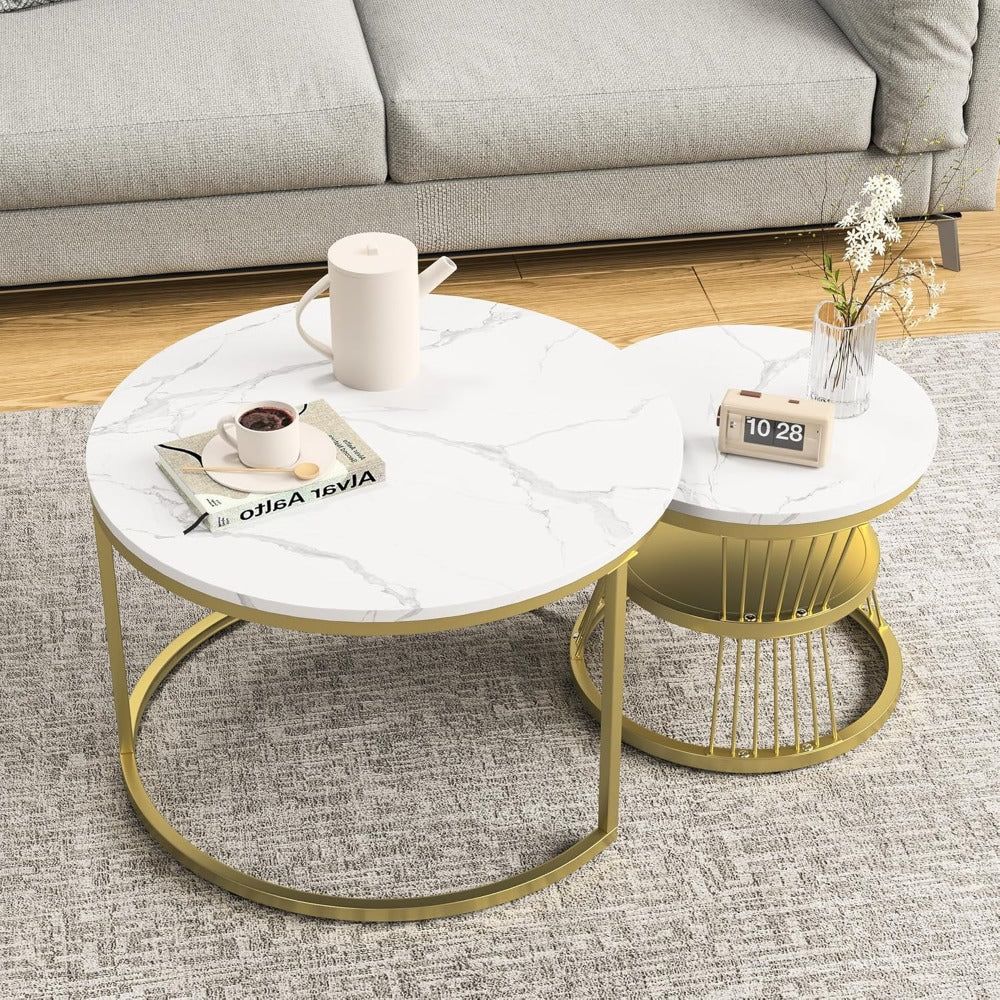 Ronde Salontafel Set – Bijzettafel – Nesting Tafels – Kleine Tafel – Laagbouw Tafels – Wit Goud – Marmerlook MDF Blad – Metaal Frame – Ruimtebesparend – Lichtgewicht
