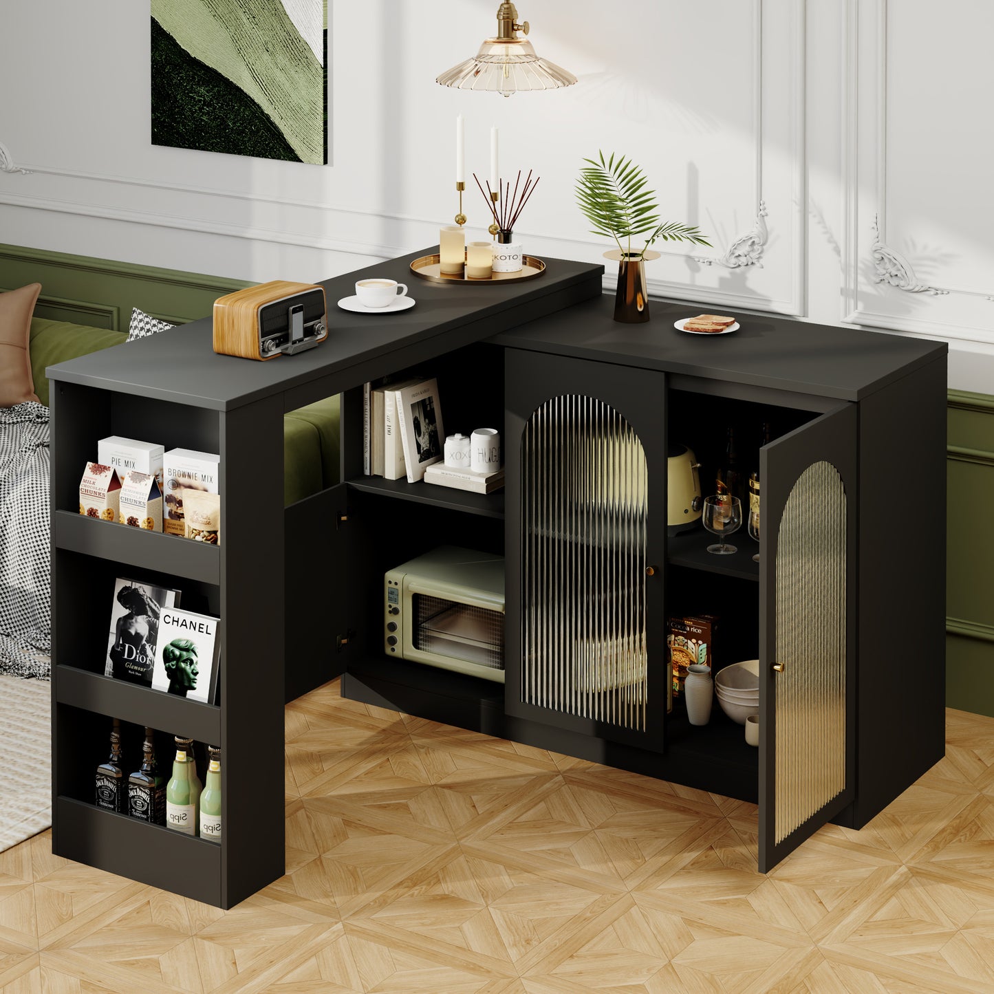 Ontbijtbar – Keukenbar – Barschrank – Werkblad – Rotatiebar Zwart – 360° Draaibaar Zijpaneel – MDF Met Glasfront 120x40x97 cm