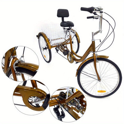 Driewieler – Volwassenenfiets – Driewieler Fiets – Rickshaw – Driewieler Voor Volwassenen – Gouden Aluminium Frame – Ergonomische Rugleuning & 6 Versnellingen