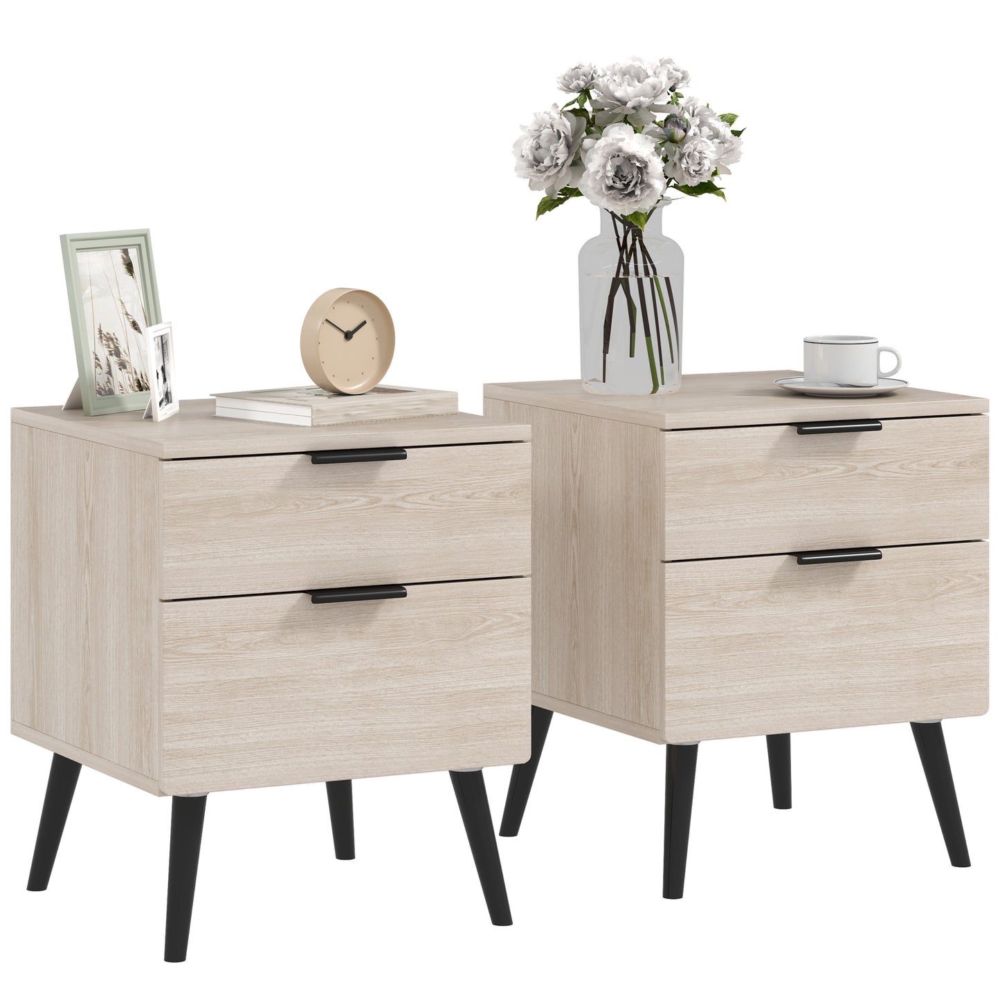Bijzettafel Set – Nachtkastje – Bedtafel – Sidetable – Houten Tafeltje – Modern Nordic Design – 2-Lade Opbergruimte – Eikenhout Look
