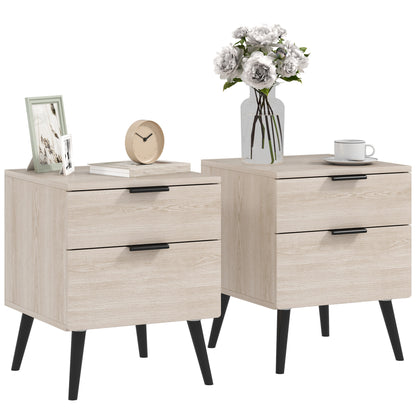 Bijzettafel Set – Nachtkastje – Bedtafel – Sidetable – Houten Tafeltje – Modern Nordic Design – 2-Lade Opbergruimte – Eikenhout Look