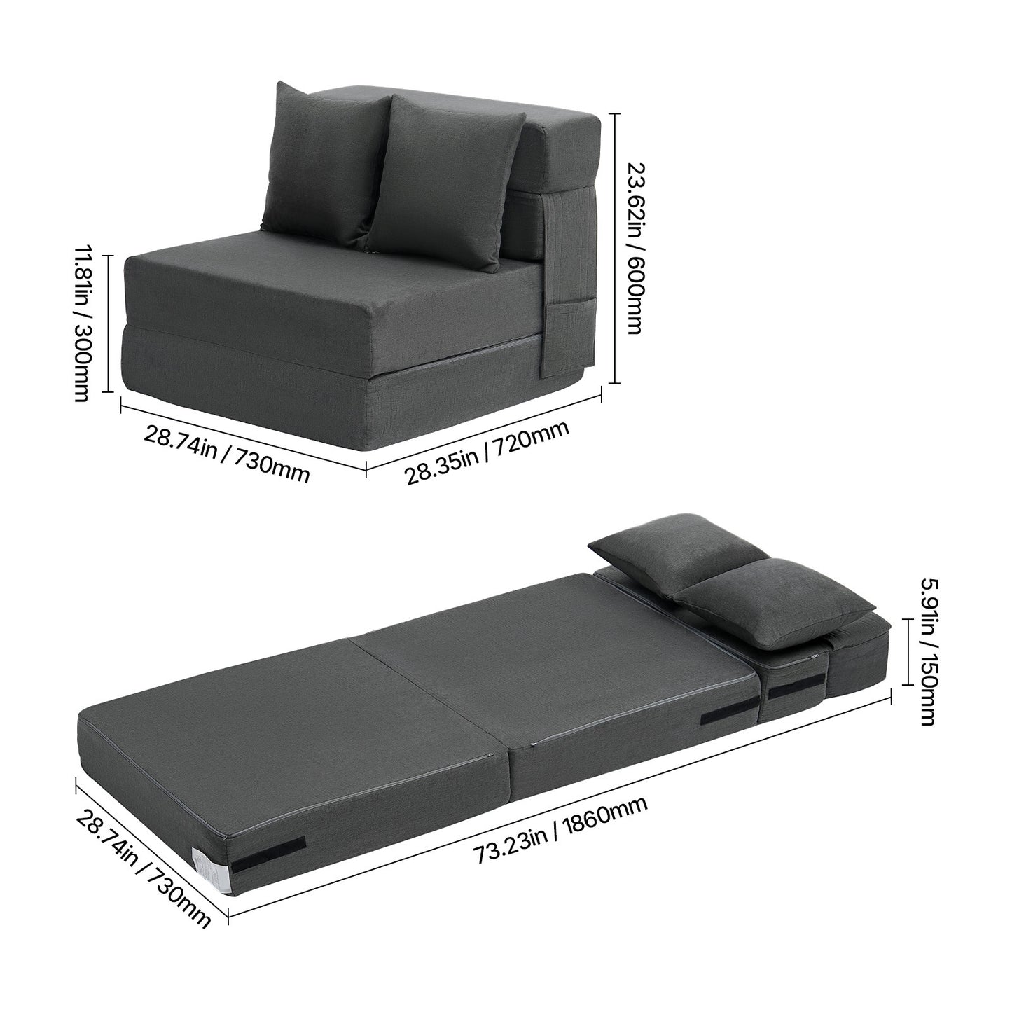 Bedbank – Klapbank – Slaapbank – Slaapstoel – 3-in-1 Multifunctioneel – Donkergrijs – Hoogwaardig Veerkrachtig Schuim – Afneembare Wasbare Hoes