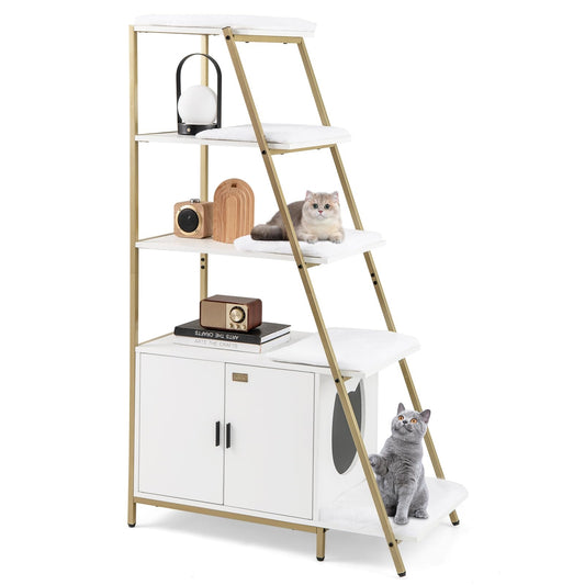 Kattentoiletkast – Kattenbakmeubel – Kattenkast – Kattenbakkast – Kattenhuis – Met 5 Wasbare Pluche Matten – Verstelbare Voeten & Ventilatieopeningen – Wit