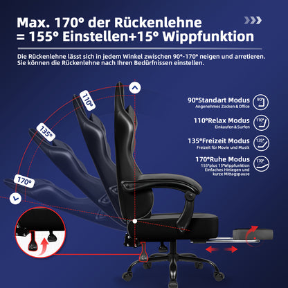 Gaming Chair with Footrest, Ergonomic Gaming Chair, Gaming Armchair with Adjustable Lumbar Cushion Equipped with An Adjustable Lumbar Support And Headrest, 360° Swivel And Designed for A Weight Of Up to 200kg.