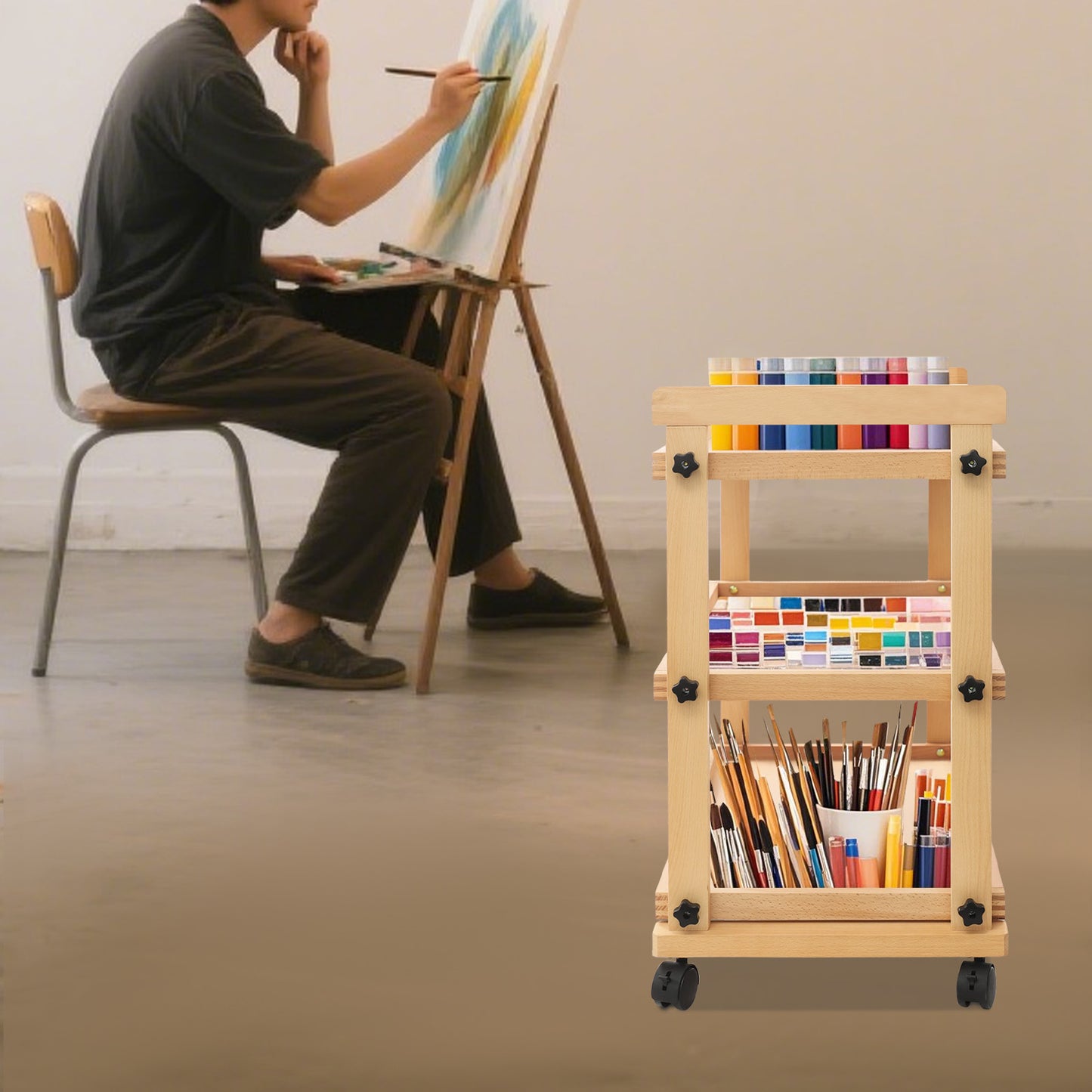 3-laags Kunstwagen – Kunstkar – Opberger – Trolley – Werkstation – Houten Planken – Metalen Frame – Mobiel met Remmen – Stevig & Ruim