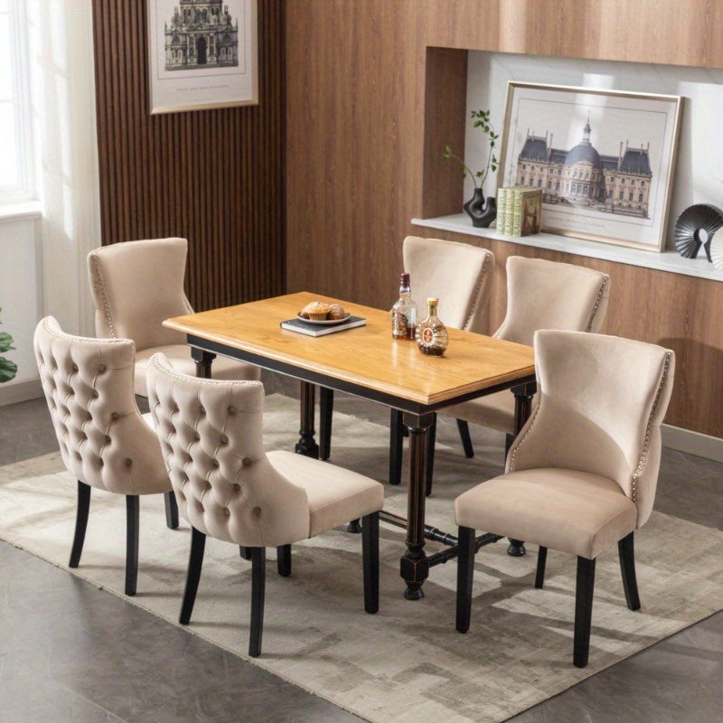 Eetkamerstoelen – Stoelen – Dining Chairs – Keukenstoelen – Velvet Stoelen – Set van 6 – Beige Velvet – Button Tufting – Massief Houten Frame – Comfortabel Ergonomisch Design