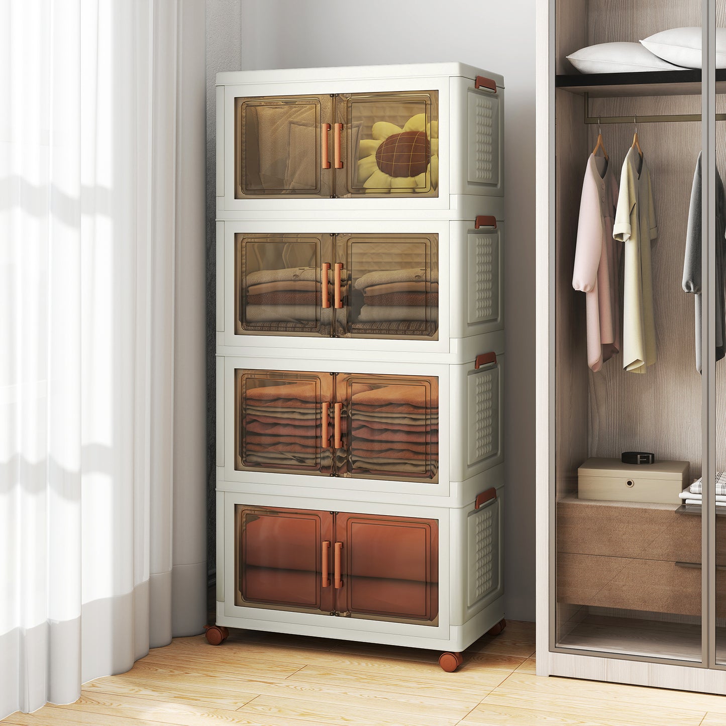 Opbergkast Plastic – Opbergbox – Opbergcontainer – Organizer – Opbergmeubel – Mobiele Wielen Met Remmen – Transparante Deuren
