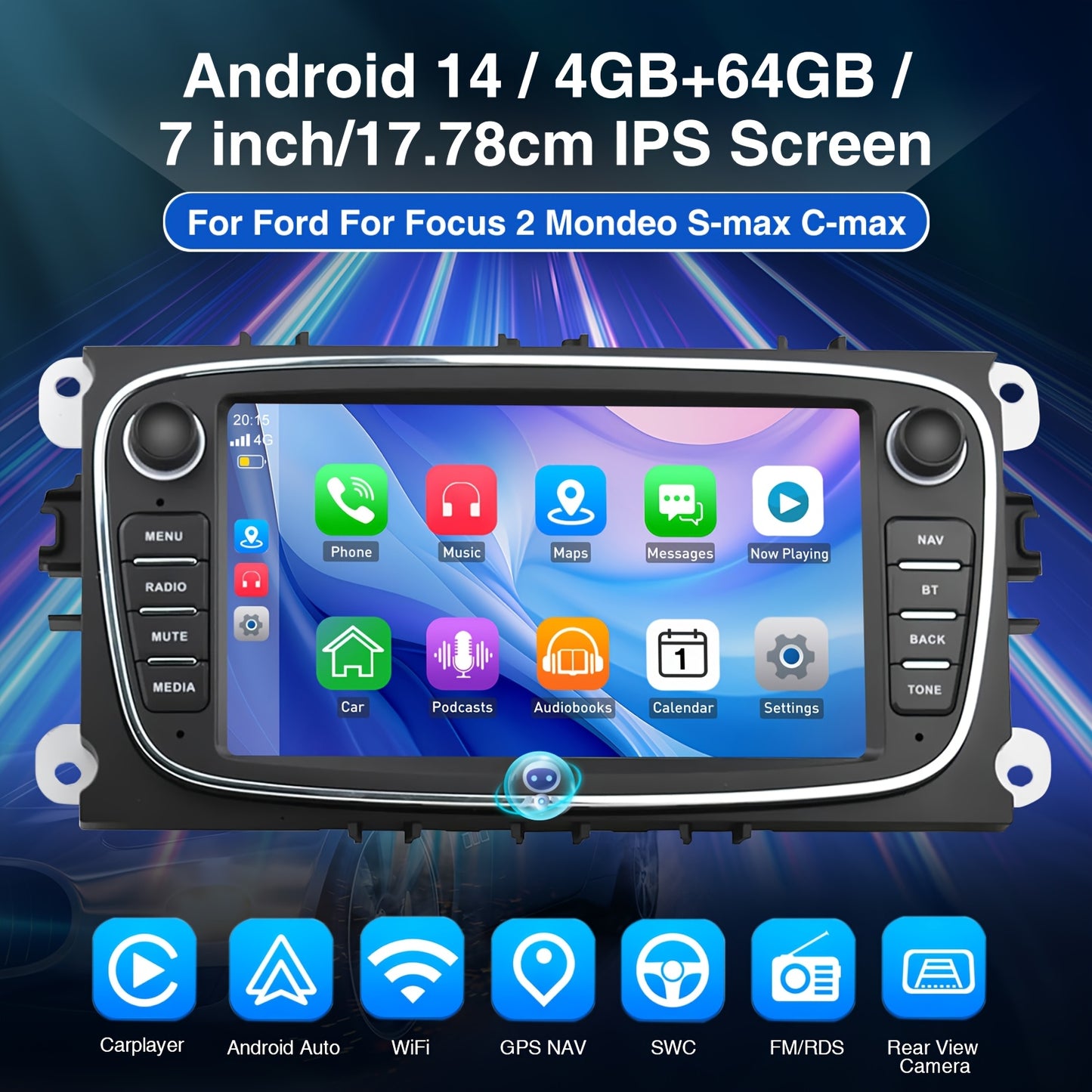 Autoradio – Auto Stereo – Multimedia Speler – 2-DIN Radio – Car Radio – 7-Inch Touchscreen – Android 14 Systeem – 4GB RAM, 64GB Opslag