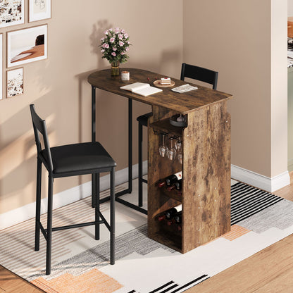 Barset voor Twee – Barkrukken Set – Bartafel Compact – Wijnrek Tafel – Glazenhouder – Bruin – Ruimtebesparend Design – Massief Hout en Metaal