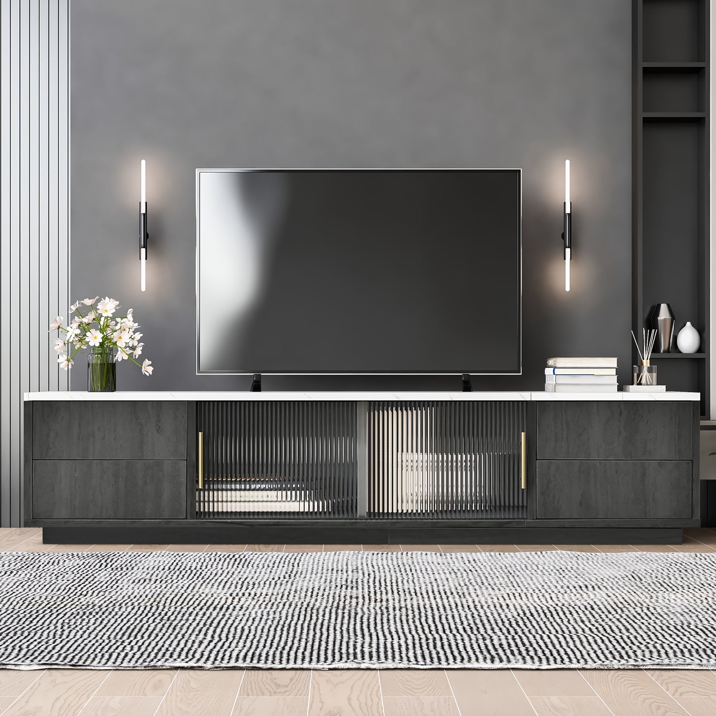 Tv-Meubel – Tv-Kast – Mediamöbel – Opbergkast – Kastje – Notenkleur Walnut – Golvende Deuren – Ruime Opbergruimte – Bamboe Materiaal – Zwarte Metalen Poten