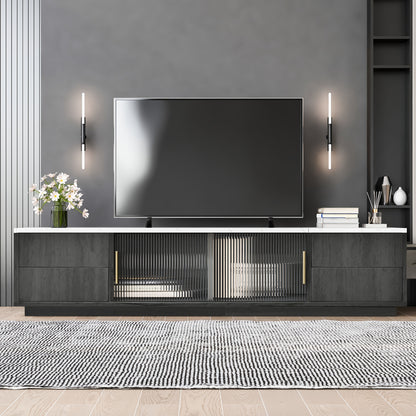 Tv-Meubel – Tv-Kast – Mediamöbel – Opbergkast – Kastje – Notenkleur Walnut – Golvende Deuren – Ruime Opbergruimte – Bamboe Materiaal – Zwarte Metalen Poten