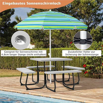 Tuinset – Picknicktafel – Zitgroep – Buitenmeubelen – Tuinmeubelen – 8 Personen – Weerbestendig HDPE – Parasolopening