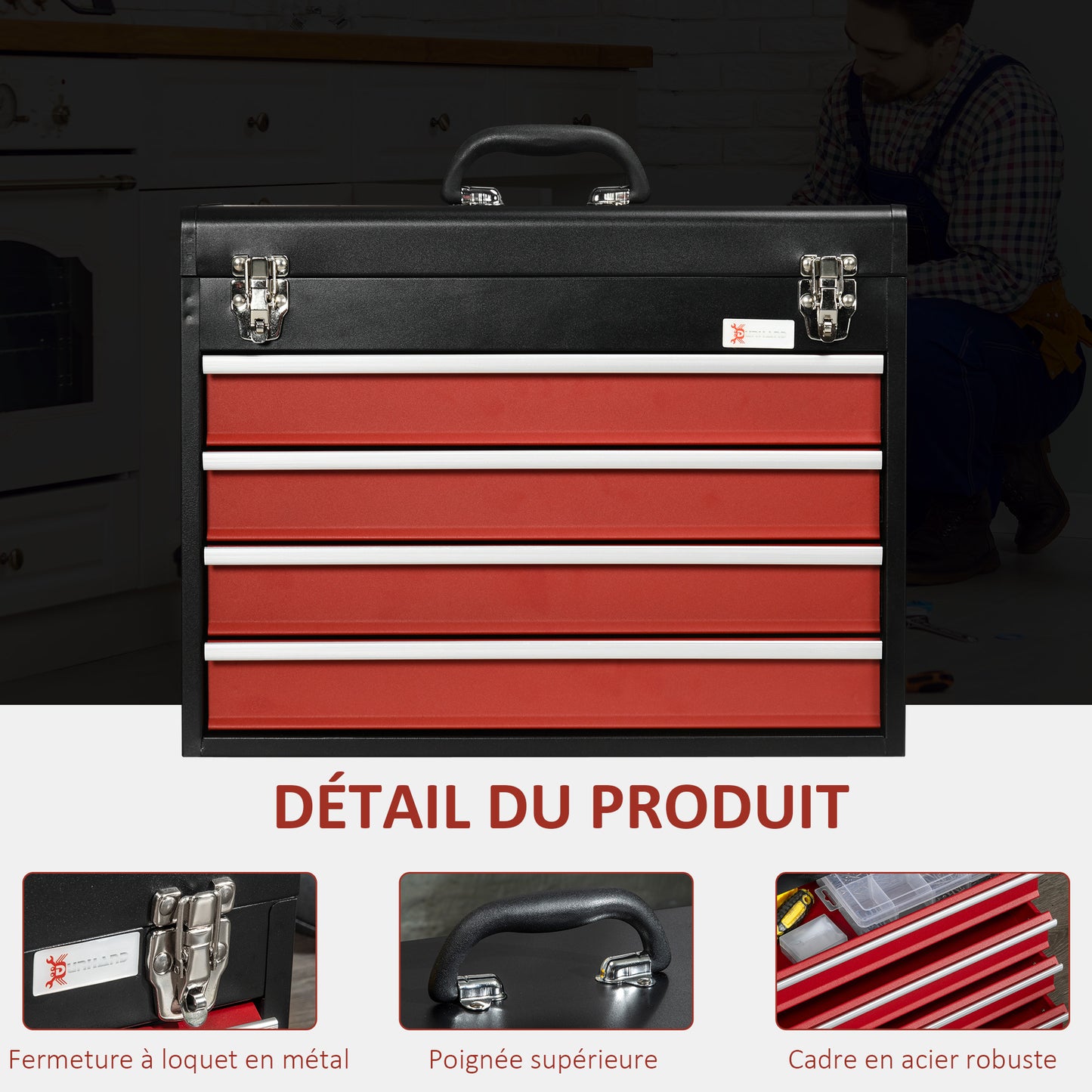 Metal Gereedschapskist – Toolbox – Opbergbox – Werkplaatskist – Toolbox Met Lade – Zwart Stalen Materiaal – 4 Laden + Bovenschaal – Compact 51x22x39,5 cm