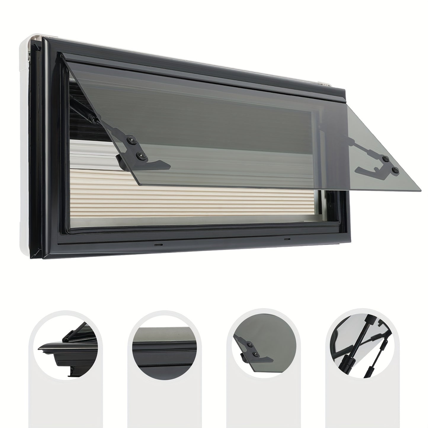 Uitschuifbaar Raam Caravan – Camperraam – Schuifraam – Ventilatieraam – Raam Met Hor – Donker Getint Glas – Aluminium Frame – Maximale Opening 85° – Insectenwering