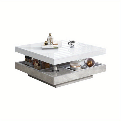 Sofa Tafel – Salontafel – Bijzettafel – Banktafel – Woonkamer Tafel – 360° Draaibaar Bovenblad – Wit Marmer MDF – Dubbel Laags – Uitbreidbaar Art Deco Design