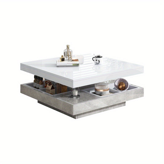 Sofa Tafel – Salontafel – Bijzettafel – Banktafel – Woonkamer Tafel – 360° Draaibaar Bovenblad – Wit Marmer MDF – Dubbel Laags – Uitbreidbaar Art Deco Design