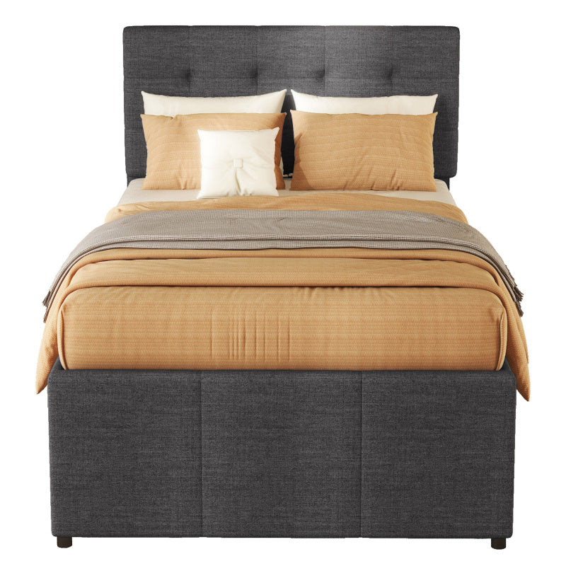 Bedombouw – Familiebed – Uitschuifbed – Opbergbed – Gestoffeerd Bed – 90x200 cm Slaapoppervlak – 3 Grote Lades – Verstelbaar Hoofdbord – Grijze Linnenstof